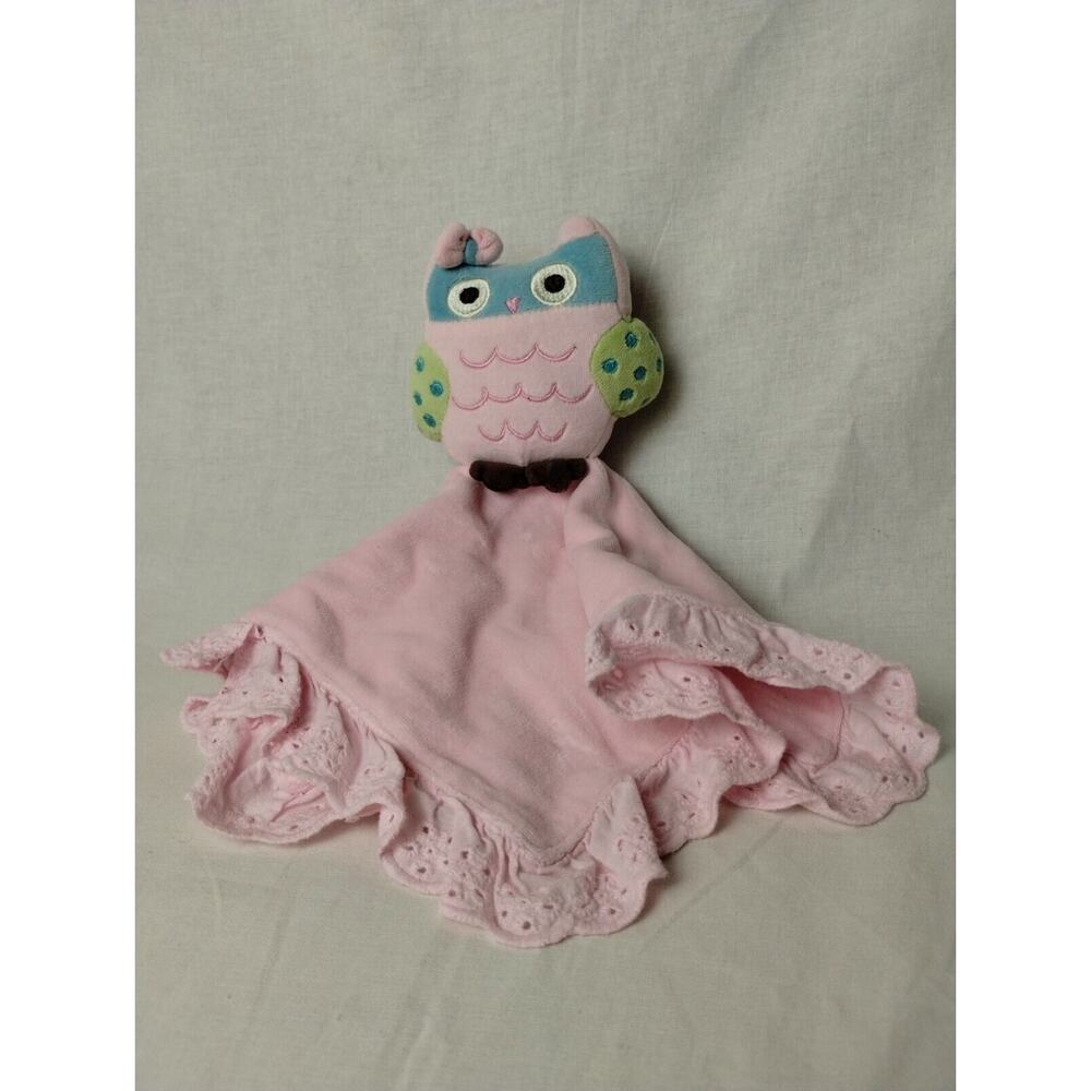 2013 Babies R Us Pink Owl Plush Security Blanket Lovey Pink Eyelet Trim 14" Soft